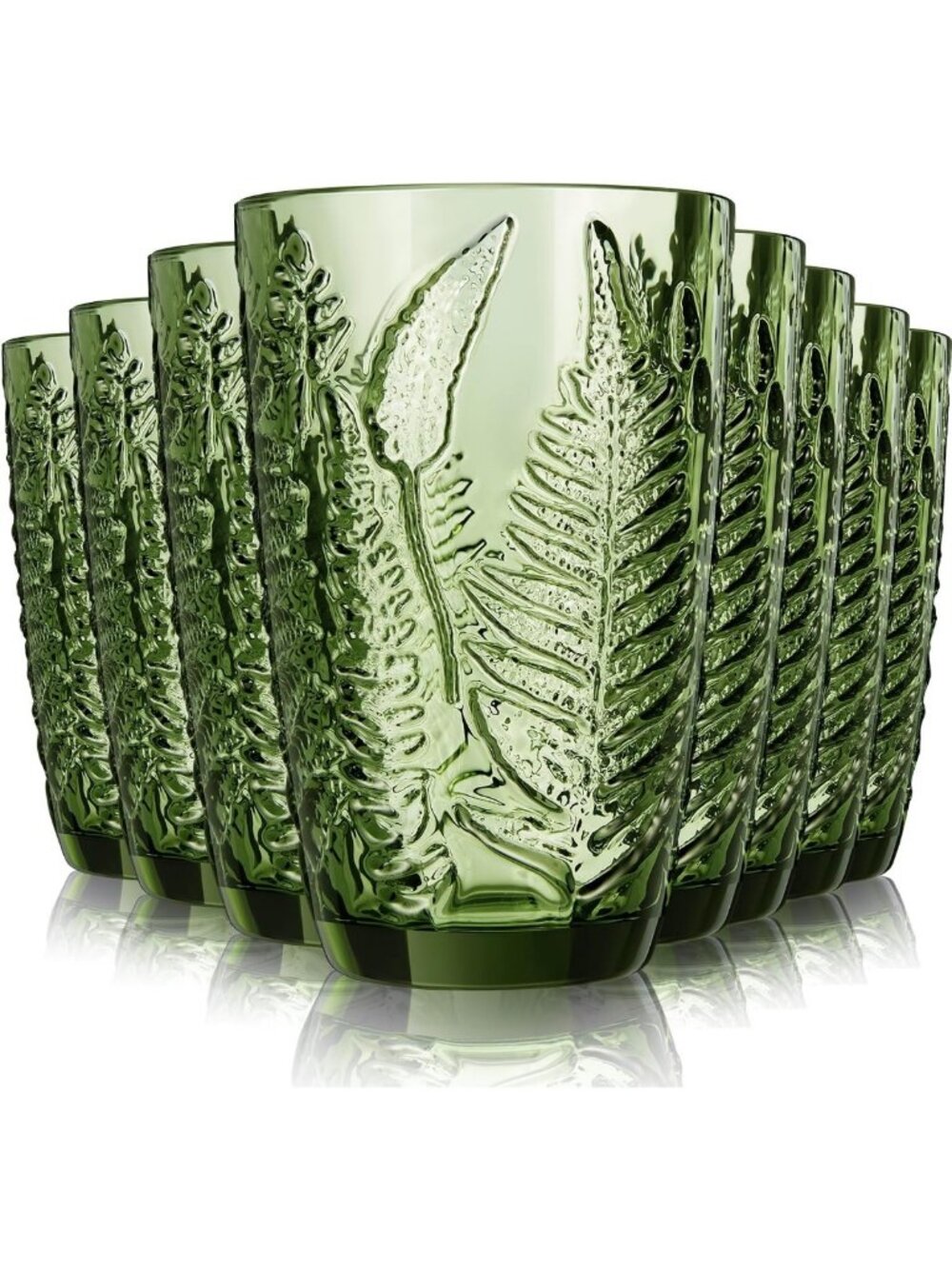 Set of 8 Vintage Green Drinking Glasses - Embossed Fern Ribbed Highball